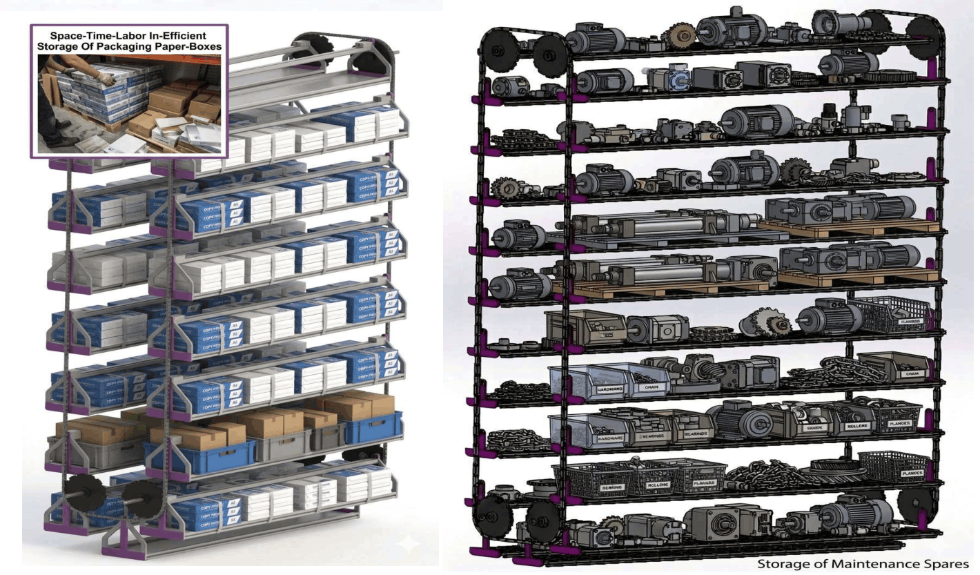 Vertical Carousels For Space-Time-Labor-Damage Efficient Vertical Storage Of  Packaging Paper-Board Boxes Mechanical Electrical Spares In Paper Mills